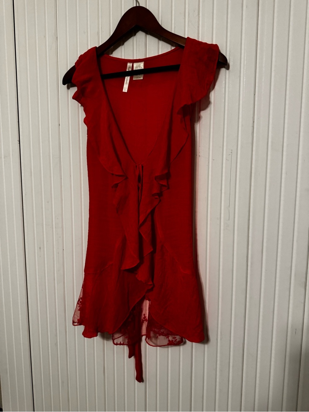 Womens Layer Tunic Top S Red Lace Ruffle Lace Tie Front Sheer Fairy Boho Indie